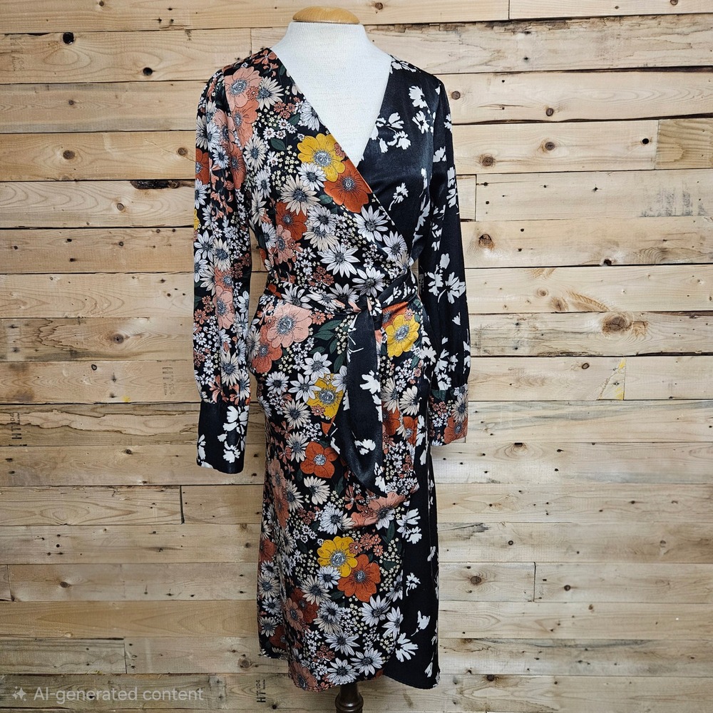 Zara Basic Womens Floral Wrap Midi Dress Long Sleeve Black Orange Yellow Size M